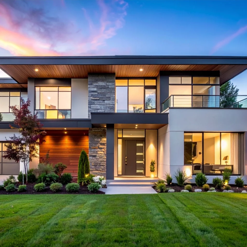 Modern residential home with professionally maintained lawn, landscaped beds, and exterior lighting at dusk, showcasing comprehensive property maintenance services.