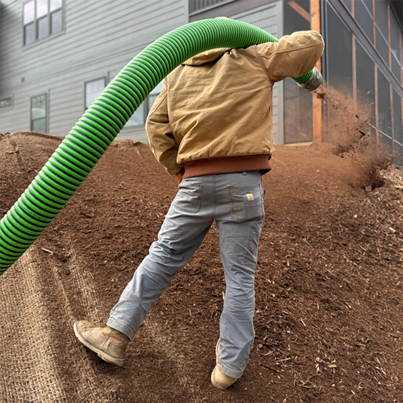 Professional landscaper applying mulch using a mulch blowing hose to evenly cover a sloped landscape bed near a residential building.